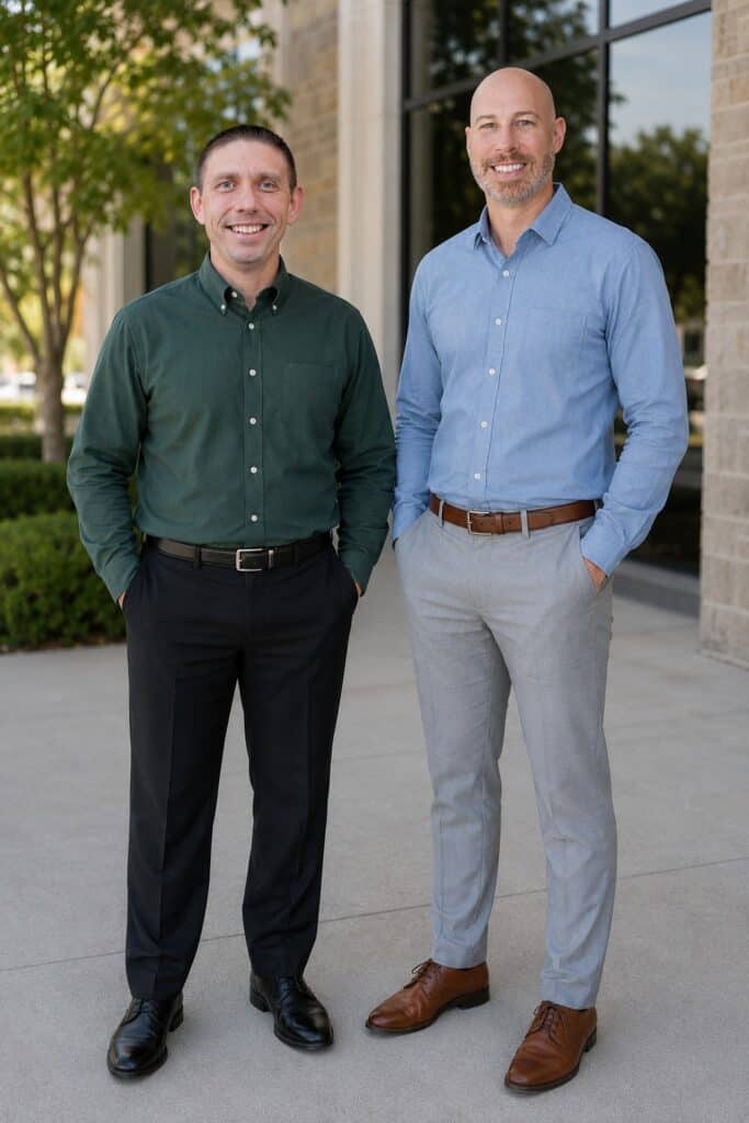 Mike Kelly and Daniel Currie standing outside their accounting office serving individuals and businesses with tax and accounting services.